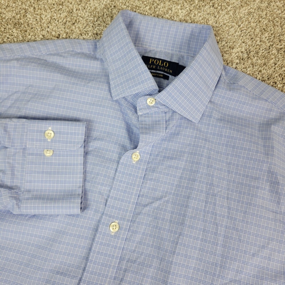 Polo Ralph Lauren Easy Care Mens 17-34/35 Blue Plaid Button Up Long Sleeve